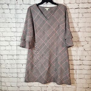 Cato Pink Black Plaid Shift Midi Dress Flare Bell Sleeve Size M